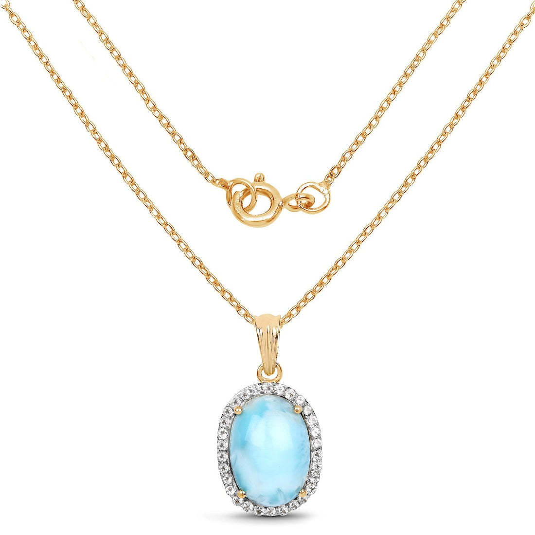 14K Yellow Gold Plated 13.55 Carat Genuine Larimar and White Topaz .925 Sterling Silver Pendant 