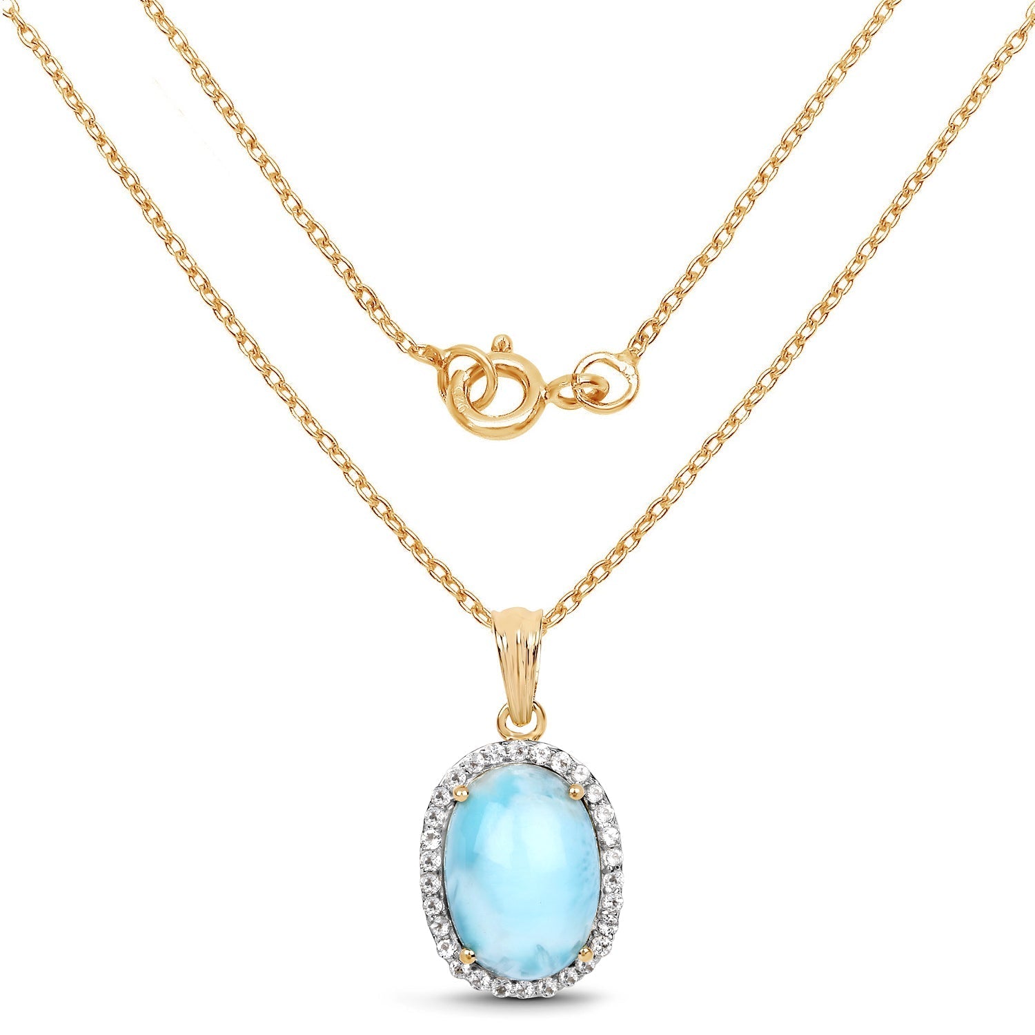 14K Yellow Gold Plated 13.55 Carat Genuine Larimar and White Topaz .925 Sterling Silver Pendant 