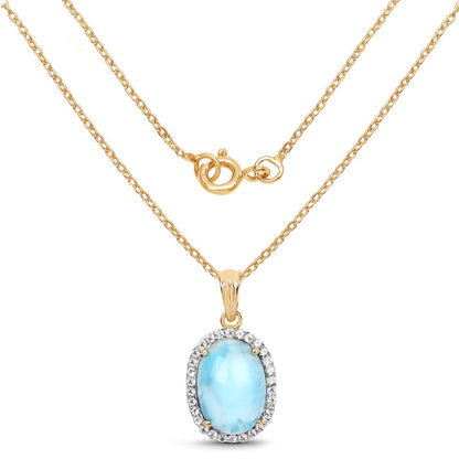 14K Yellow Gold Plated 13.55 Carat Genuine Larimar and White Topaz .925 Sterling Silver Pendant 