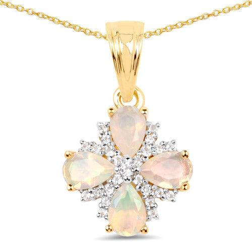 14K Yellow Gold Plated 1.19 Carat Genuine Ethiopian Opal and White Topaz .925 Sterling Silver Pendant  DestGlow