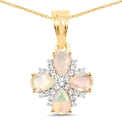 14K Yellow Gold Plated 1.19 Carat Genuine Ethiopian Opal and White Topaz .925 Sterling Silver Pendant  DestGlow