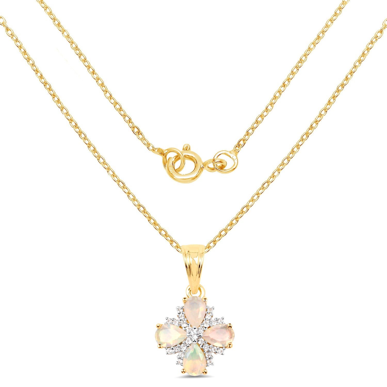 14K Yellow Gold Plated 1.19 Carat Genuine Ethiopian Opal &amp; White Topaz .925 Sterling Silver Pendant