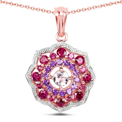 14K Rose Gold Plated 2.30 Carat Genuine Morganite, Rhodolite &amp; Amethyst .925 Sterling Silver Pendant