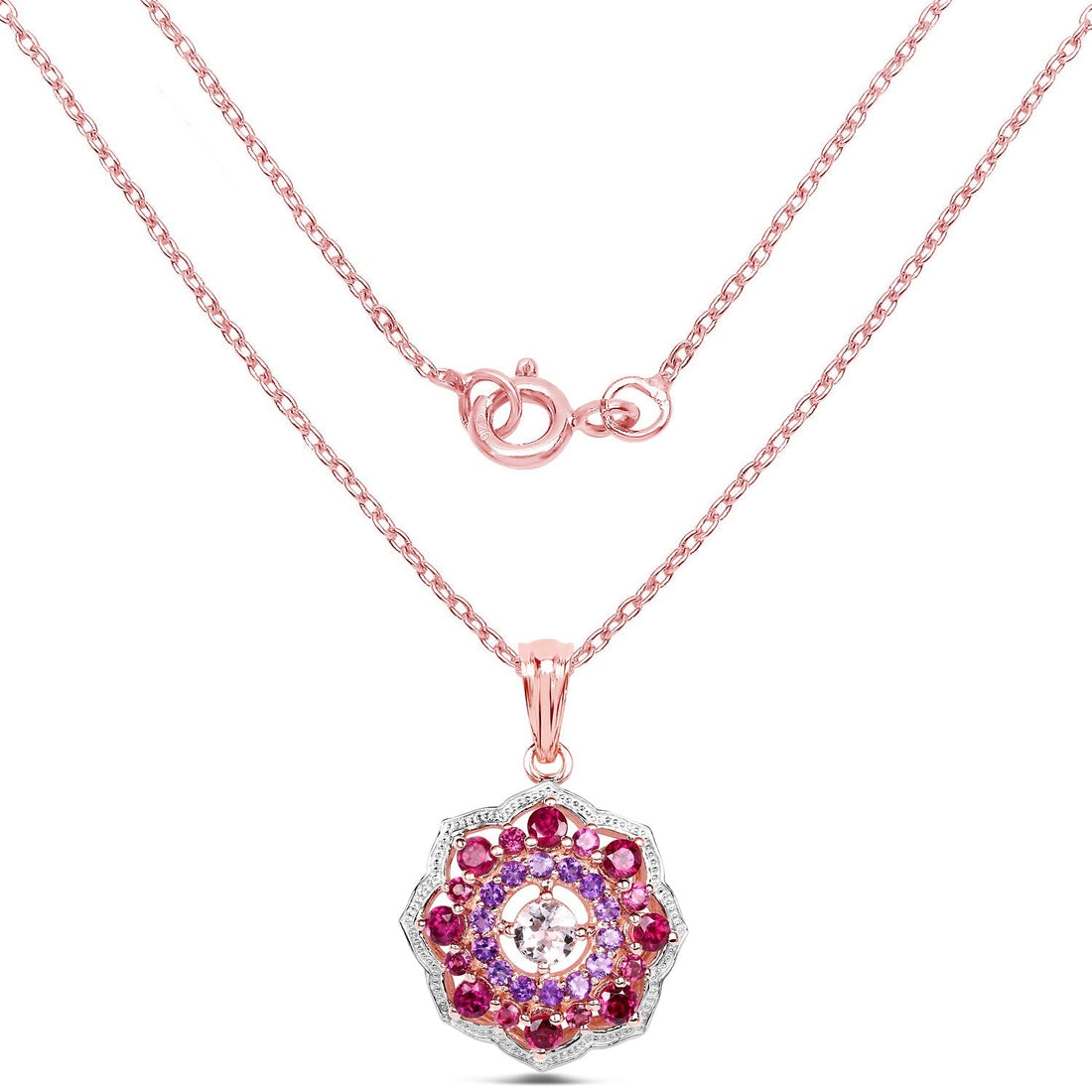14K Rose Gold Plated 2.30 Carat Genuine Morganite, Rhodolite &amp; Amethyst .925 Sterling Silver Pendant 