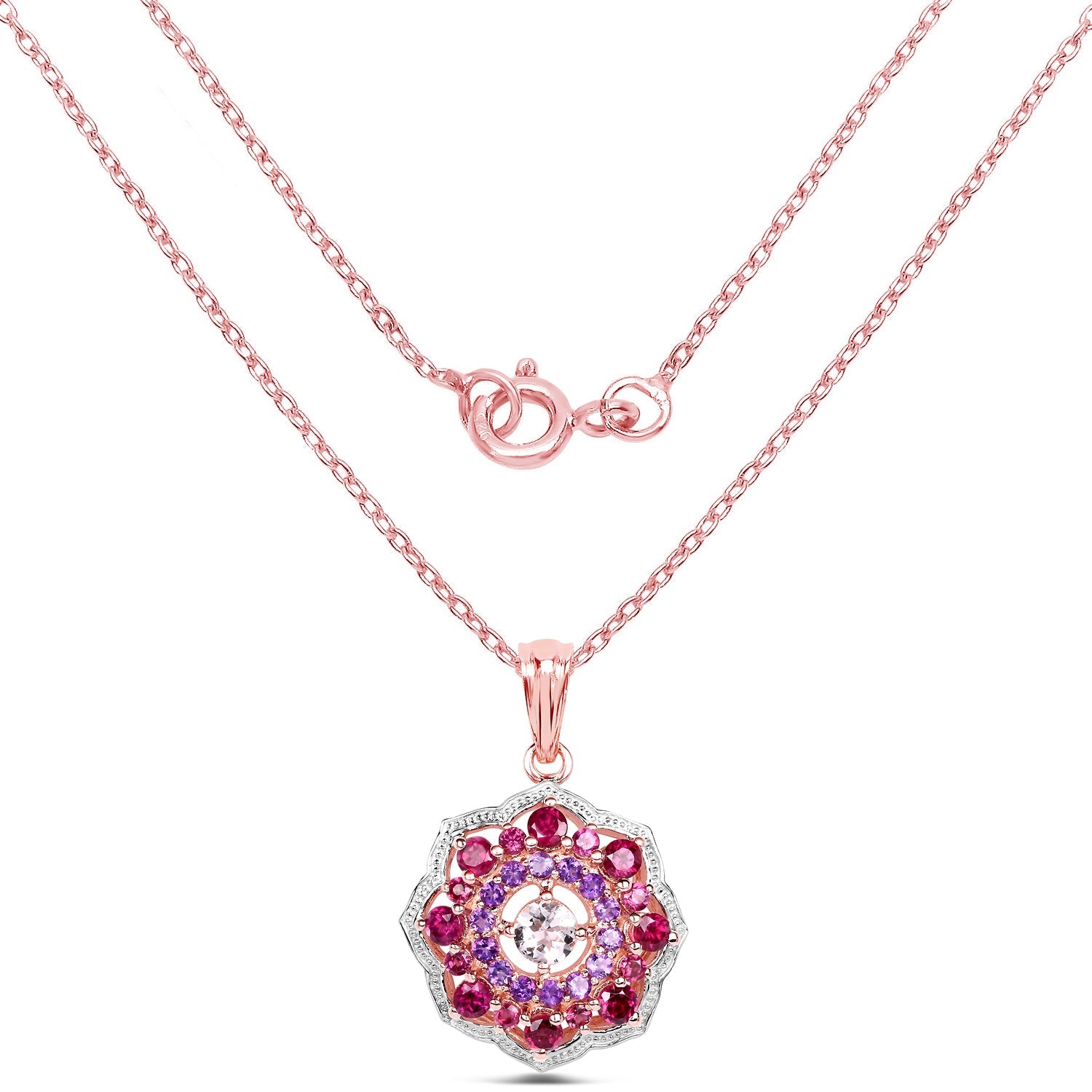 14K Rose Gold Plated 2.30 Carat Genuine Morganite, Rhodolite &amp; Amethyst .925 Sterling Silver Pendant
