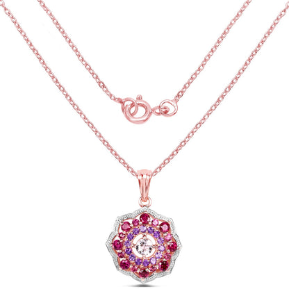 14K Rose Gold Plated 2.30 Carat Genuine Morganite, Rhodolite &amp; Amethyst .925 Sterling Silver Pendant