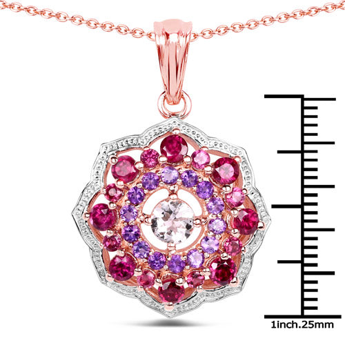 14K Rose Gold Plated 2.30 Carat Genuine Morganite, Rhodolite and Amethyst .925 Sterling Silver Pendant by Bids.com
