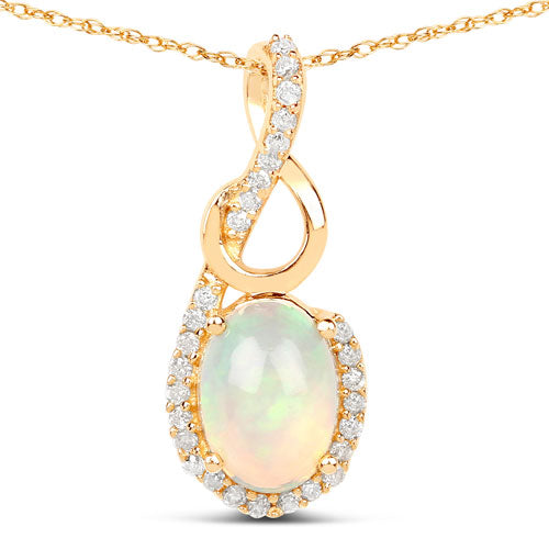 0.56 Carat Genuine Ethiopian Opal and White Diamond 14K Yellow Gold Pendant  DestGlow