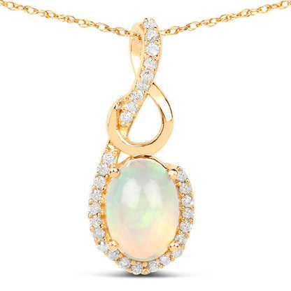 0.56 Carat Genuine Ethiopian Opal and White Diamond 14K Yellow Gold Pendant  DestGlow
