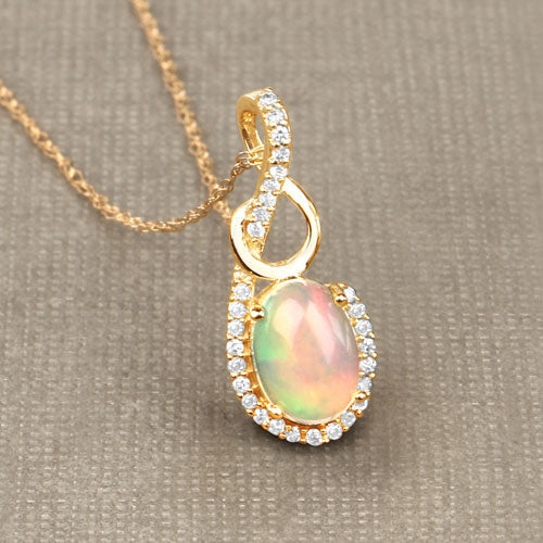 0.56 Carat Genuine Ethiopian Opal and White Diamond 14K Yellow Gold Pendant  DestGlow
