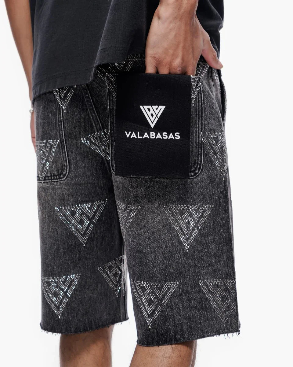 Valabasas Palace Rhinestone Shorts - Grey Wash by Denim Exchange