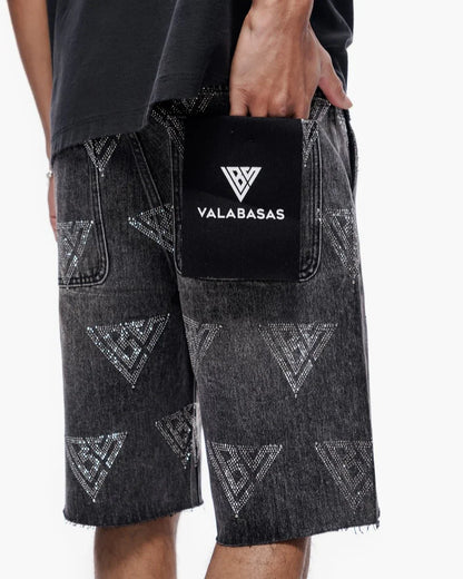 Valabasas Palace Rhinestone Shorts - Grey Wash by Denim Exchange