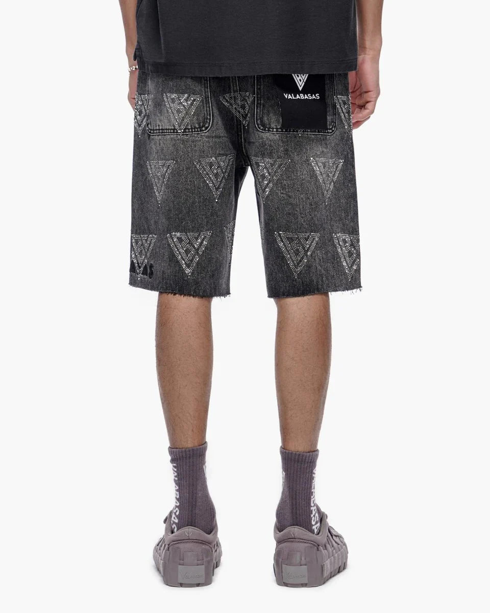 Valabasas Palace Rhinestone Shorts - Grey Wash by Denim Exchange