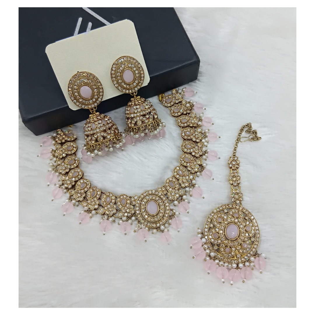 Joban Fashion Light Pink Stone Work Necklace Set