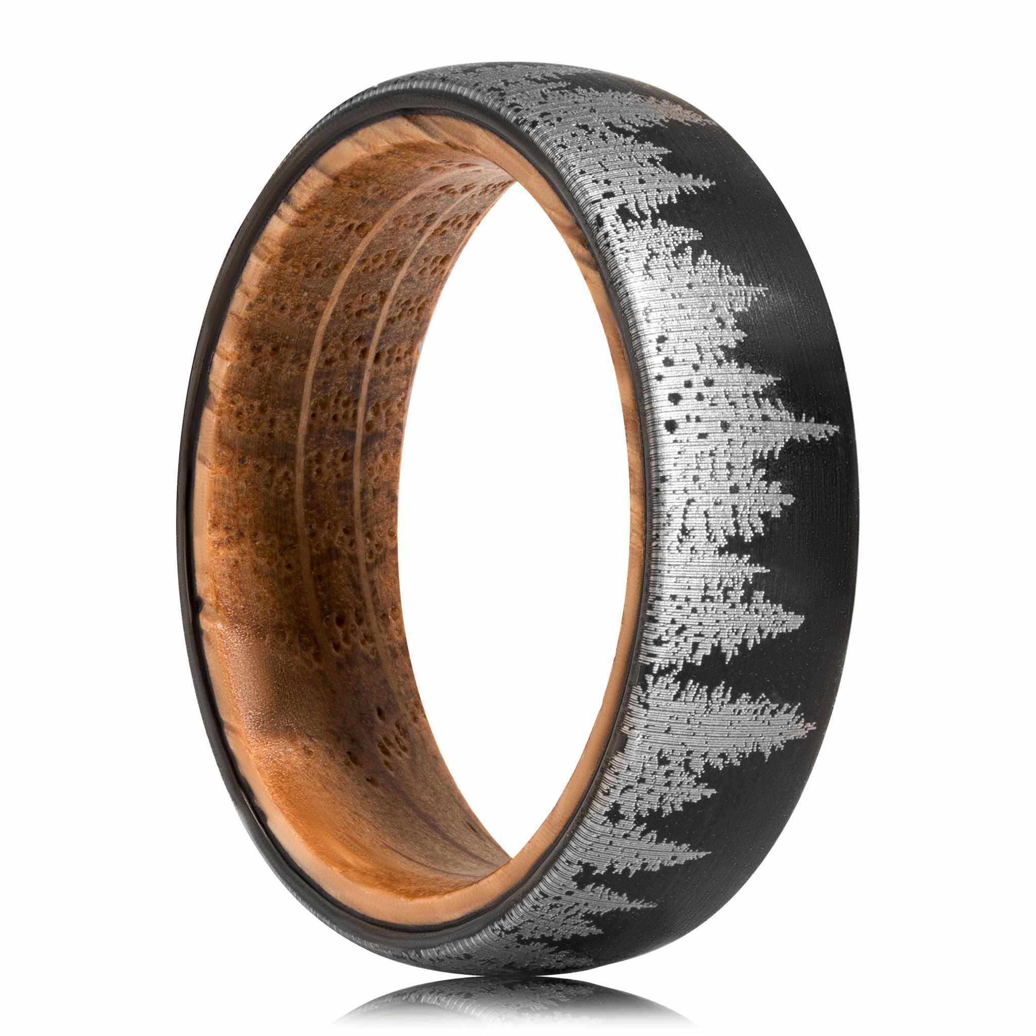 Pine Tree Forest Whiskey Barrel Tungsten Carbide Ring
