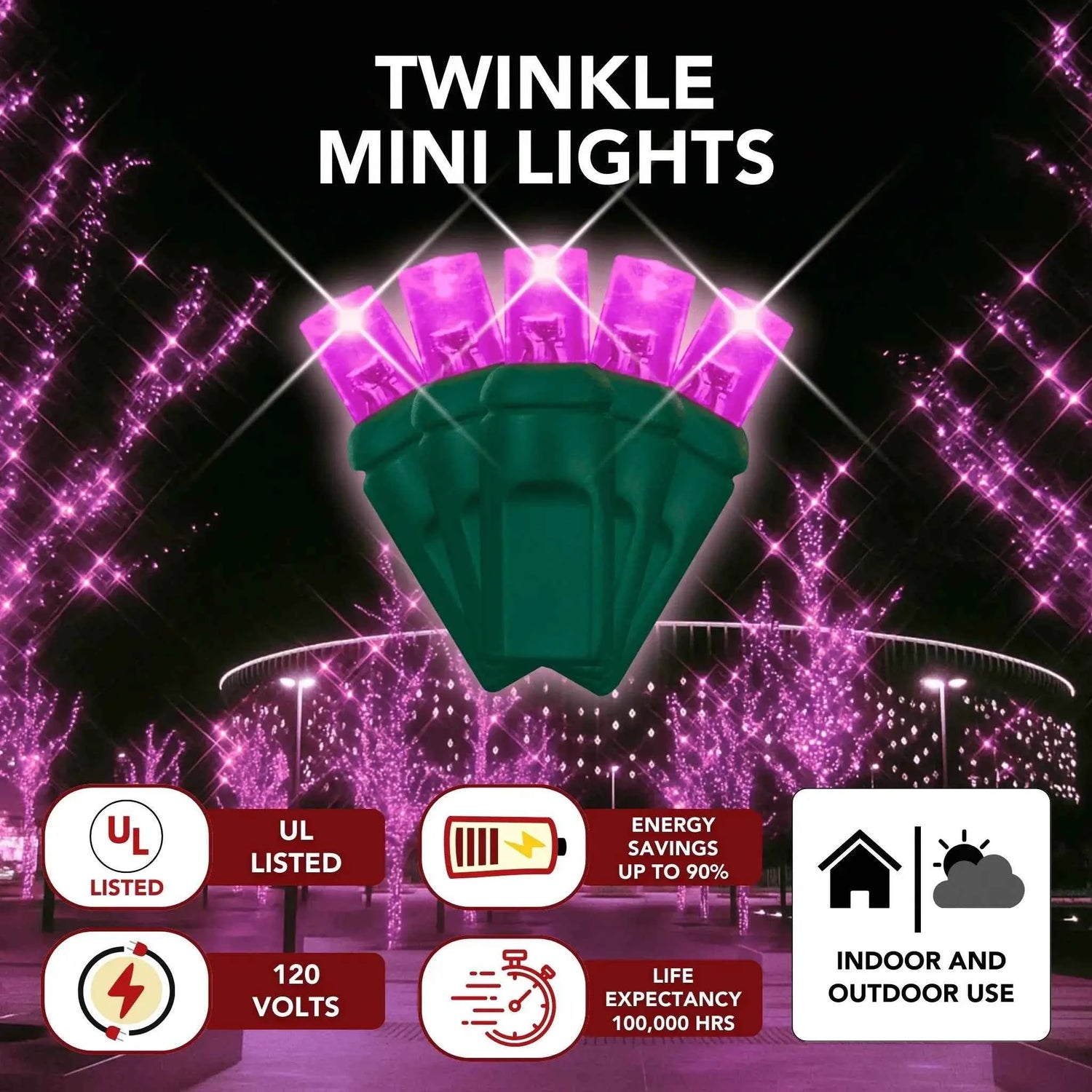 LED Mini Lights 5MM Pink Twinkle Green Wire - 6" Spacing
