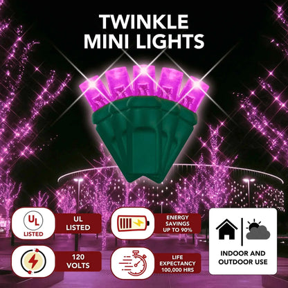 LED Mini Lights 5MM Pink Twinkle Green Wire - 6" Spacing