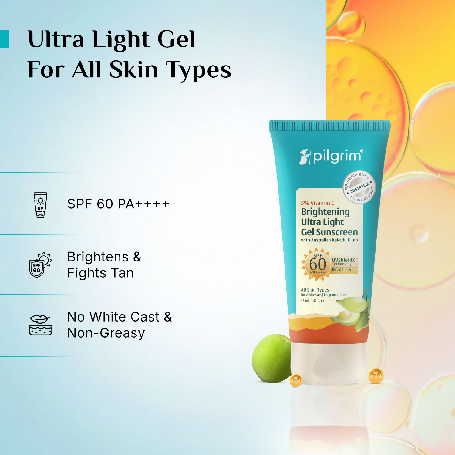 Pilgrim 5% Vitamin C Brightening Ultra Light Gel Sunscreen SPF 60 PA++++