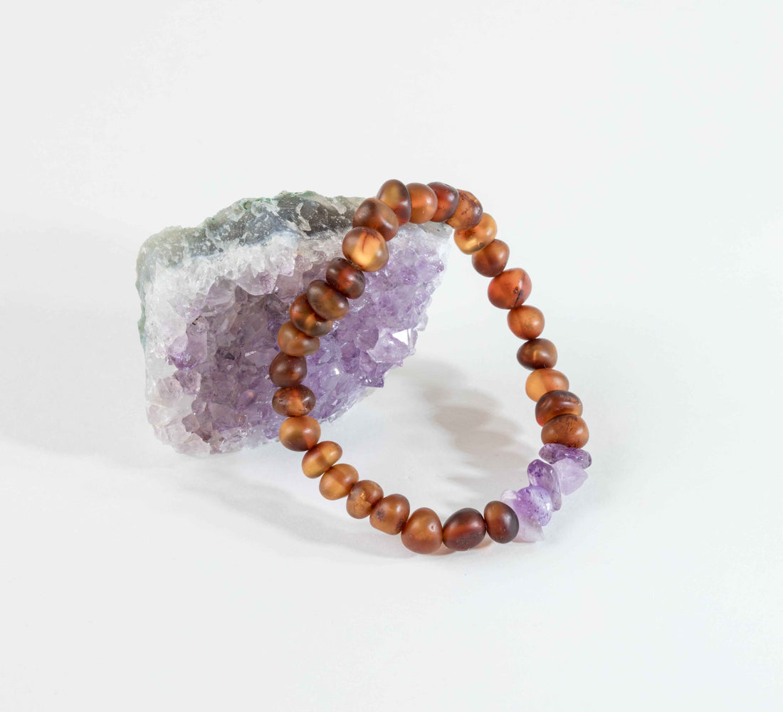 Raw Cognac Baltic Amber + Raw Amethyst || Adult Bracelet