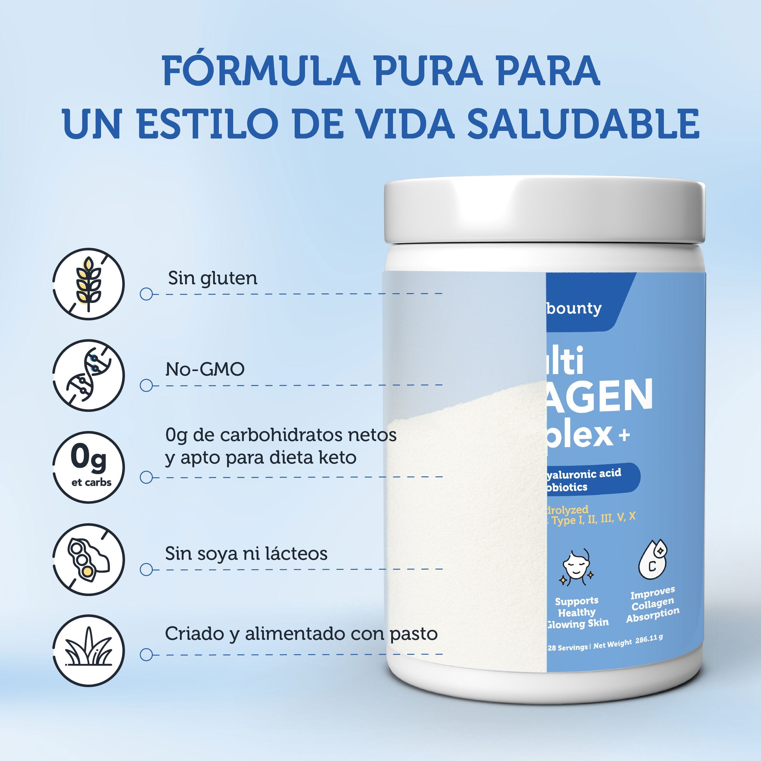 Colágeno Hidrolizado 5 en 1 con Ácido Hialurónico, Vitamina C y Probióticos by Vitamin Bounty