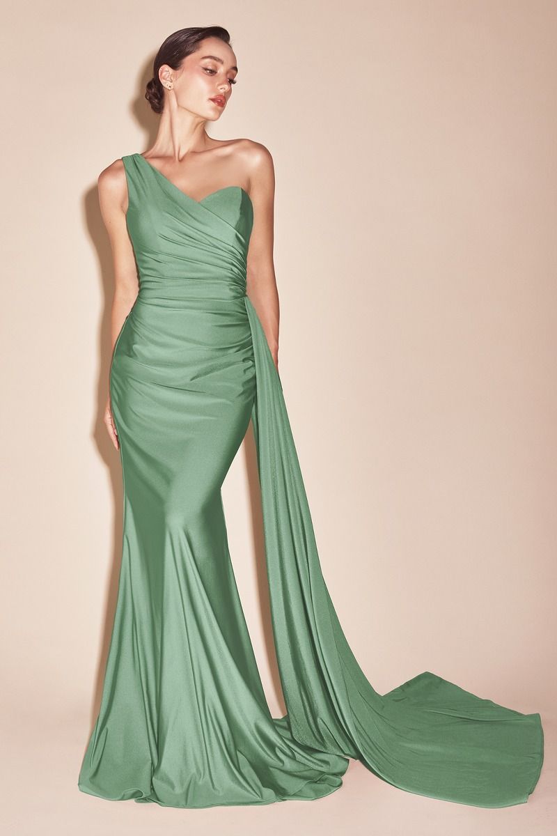Ladivine PT004C Long Chic One Shoulder Stretch Satin Side Sash Gown by DiscountDressShop