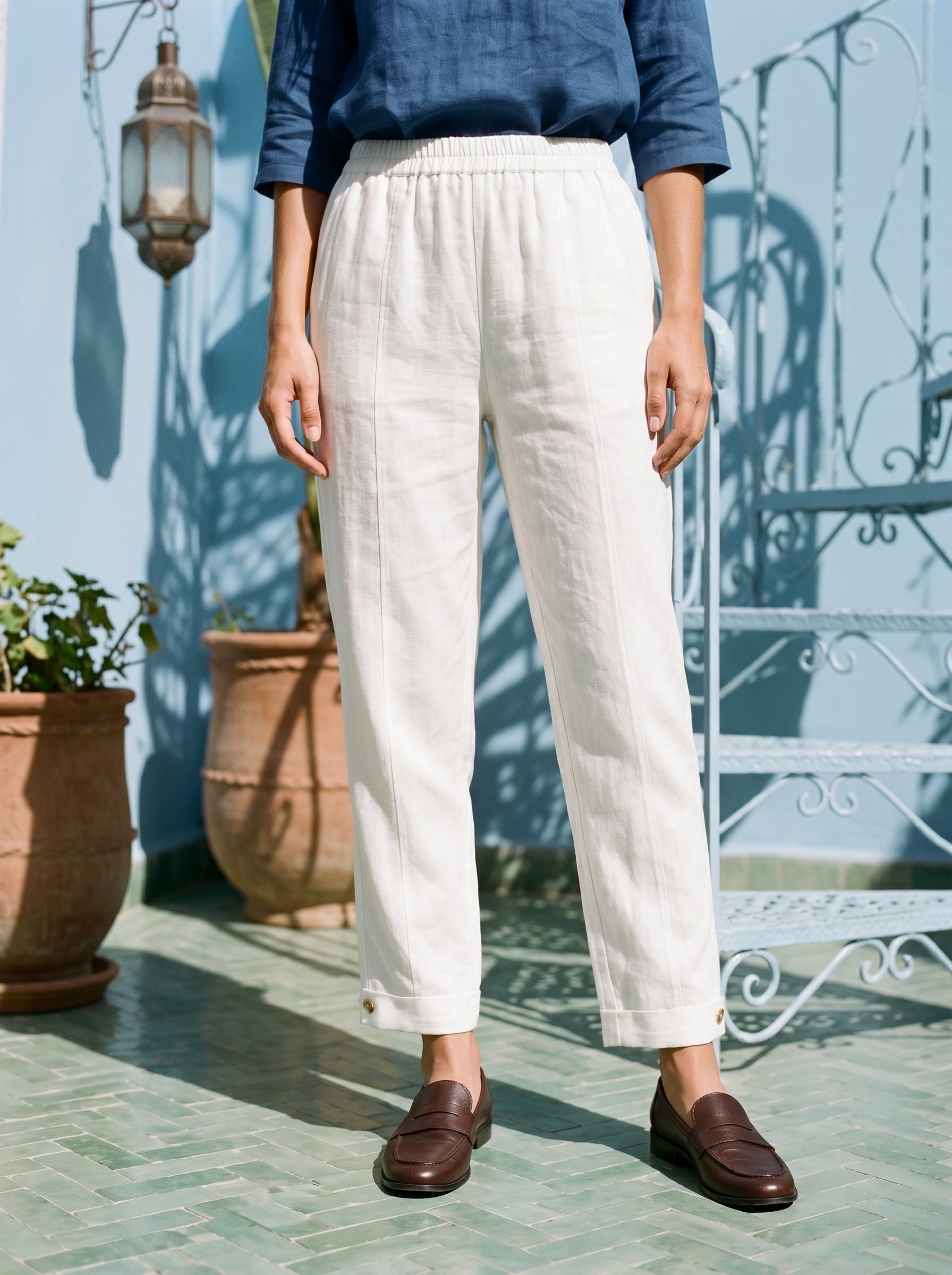 100% Linen Straight-Leg Pants with Elastic Waist PATRICE 