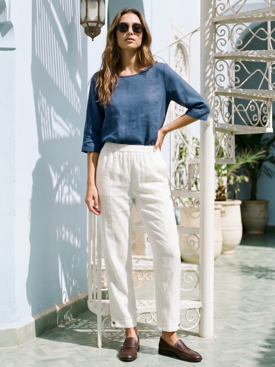 100% Linen Straight-Leg Pants with Elastic Waist PATRICE 
