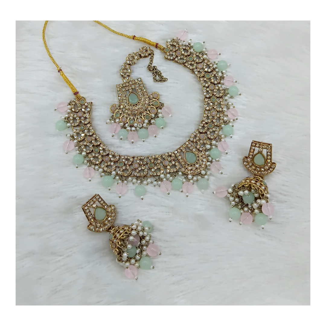 Joban Fashion L.Pink-Sea Green Stone Work Necklace Set