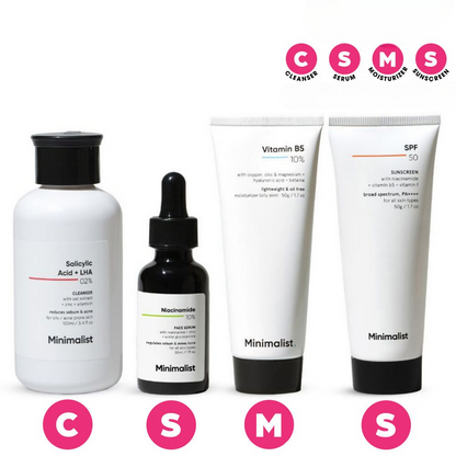 Minimalist Daily Skincare Routine CSMS (Cleanser, Serum, Moisturizer, Sunscreen) Combo For Oily &amp; Acne Prone Skin