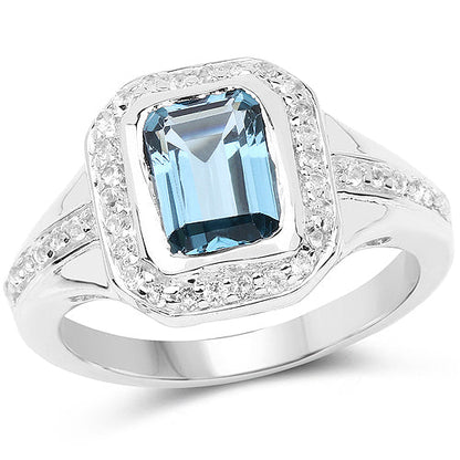 2.29 Carat Genuine London Blue Topaz and White Topaz .925 Sterling Silver Ring  DestGlow