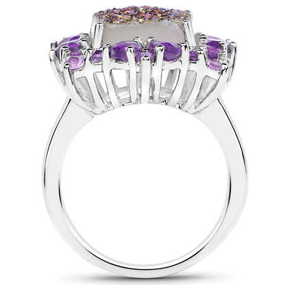 5.97 Carat Genuine Drusy Quartz and Amethyst .925 Sterling Silver Ring by Bids.com