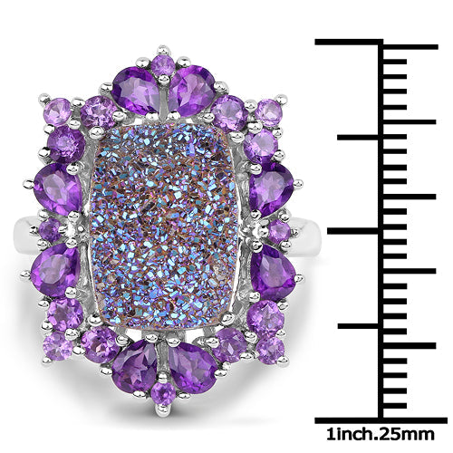 5.97 Carat Genuine Drusy Quartz and Amethyst .925 Sterling Silver Ring by Bids.com
