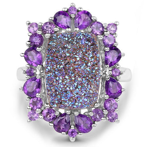 5.97 Carat Genuine Drusy Quartz and Amethyst .925 Sterling Silver Ring by Bids.com