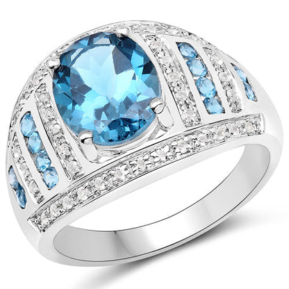 3.24 Carat Genuine London Blue Topaz and White Topaz .925 Sterling Silver Ring  DestGlow