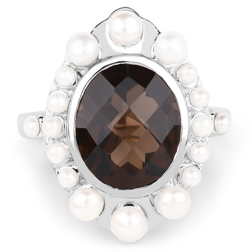5.75 Carat Genuine Smoky Quartz and Pearl .925 Sterling Silver Ring by Bids.com