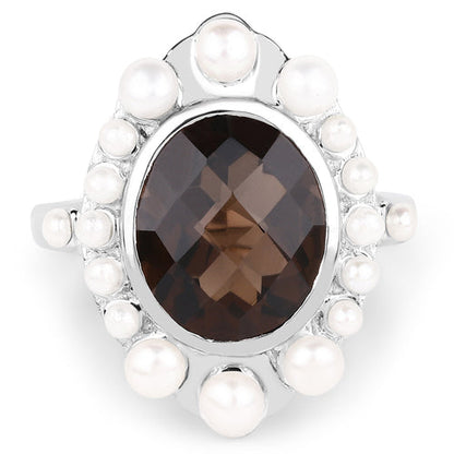 5.75 Carat Genuine Smoky Quartz and Pearl .925 Sterling Silver Ring by Bids.com