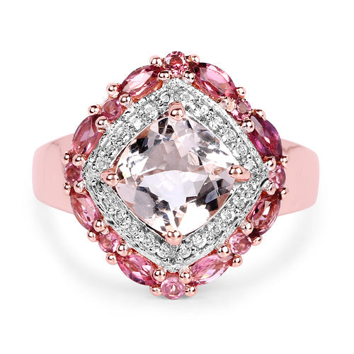 14K Rose Gold Plated 3.11 Carat Genuine Morganite, Pink Tourmaline &amp; White Topaz .925 Sterling Silver Ring by Bids.com