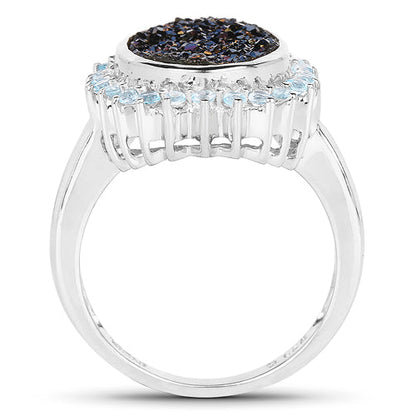 3.68 Carat Genuine Cobalt Blue Drusy &amp; Swiss Blue Topaz .925 Sterling Silver Ring  DestGlow
