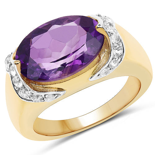 14K Yellow Gold Plated 4.98 Carat Genuine Amethyst and White Topaz .925 Sterling Silver Ring by Bids.com