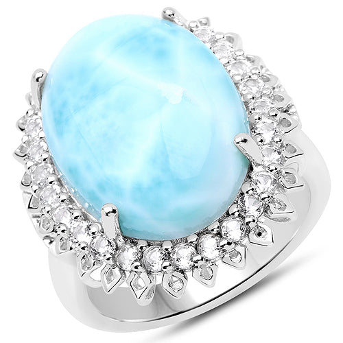 17.62 Carat Genuine Larimar and White Topaz .925 Sterling Silver Ring by Bids.com