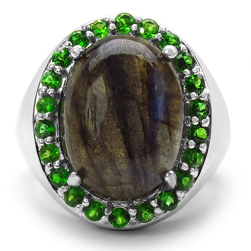 11.90 Carat Genuine Labradorite &amp; Chrome Diopside .925 Sterling Silver Ring by Bids.com