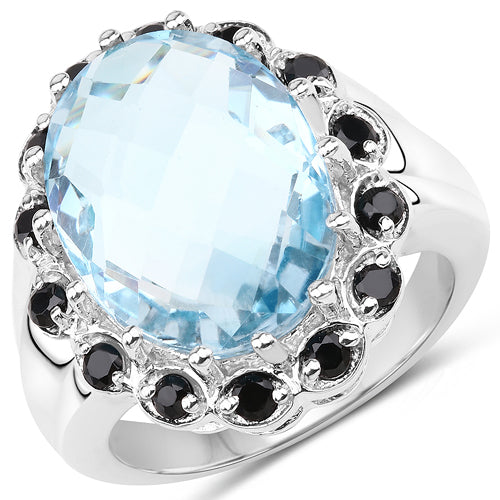 12.49 Carat Genuine Blue Topaz &amp; Black Spinel .925 Sterling Silver Ring by Bids.com