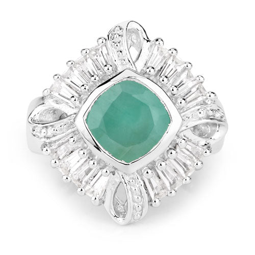 "2.57 Carat Genuine Emerald, White Topaz and White Diamond .925 Sterling Silver Ring by Bids.com