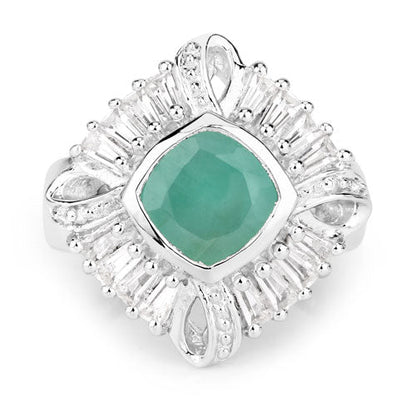 "2.57 Carat Genuine Emerald, White Topaz and White Diamond .925 Sterling Silver Ring by Bids.com
