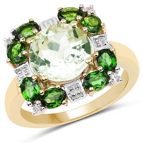 14K Yellow Gold Plated 5.36 Carat Genuine Green Amethyst, Chrome Diopside &amp; White Topaz .925 Sterling Silver Ring  DestGlow