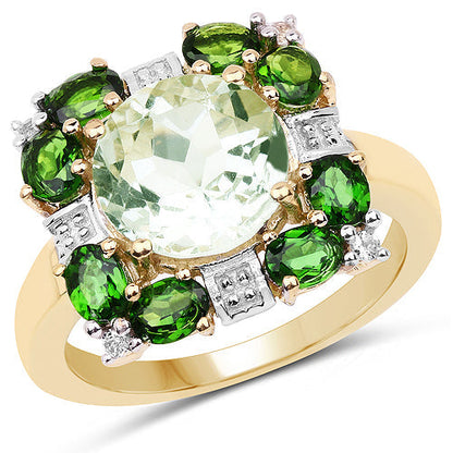 14K Yellow Gold Plated 5.36 Carat Genuine Green Amethyst, Chrome Diopside &amp; White Topaz .925 Sterling Silver Ring  DestGlow