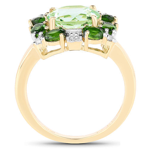 14K Yellow Gold Plated 5.36 Carat Genuine Green Amethyst, Chrome Diopside &amp; White Topaz .925 Sterling Silver Ring  DestGlow