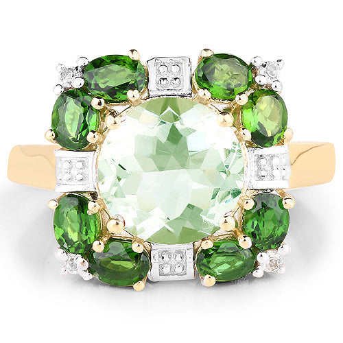 14K Yellow Gold Plated 5.36 Carat Genuine Green Amethyst, Chrome Diopside &amp; White Topaz .925 Sterling Silver Ring  DestGlow