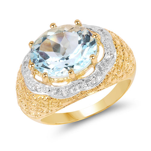 14K Yellow Gold Plated 5.27 Carat Genuine Blue Topaz &amp; White Topaz .925 Sterling Silver Ring  DestGlow