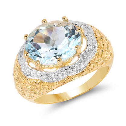 14K Yellow Gold Plated 5.27 Carat Genuine Blue Topaz &amp; White Topaz .925 Sterling Silver Ring  DestGlow